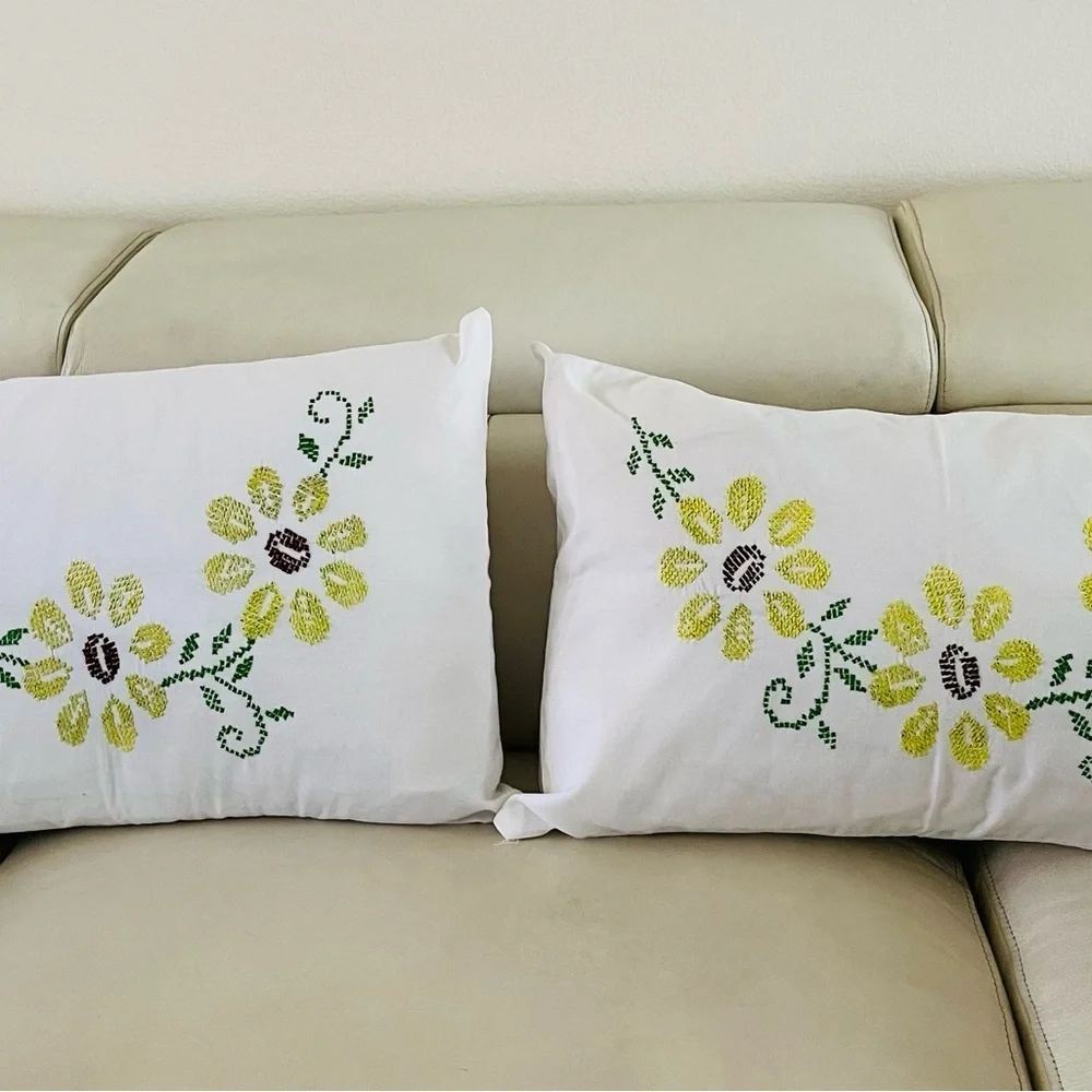 Floral Embroidered White Throw Pillows 17/26 inches